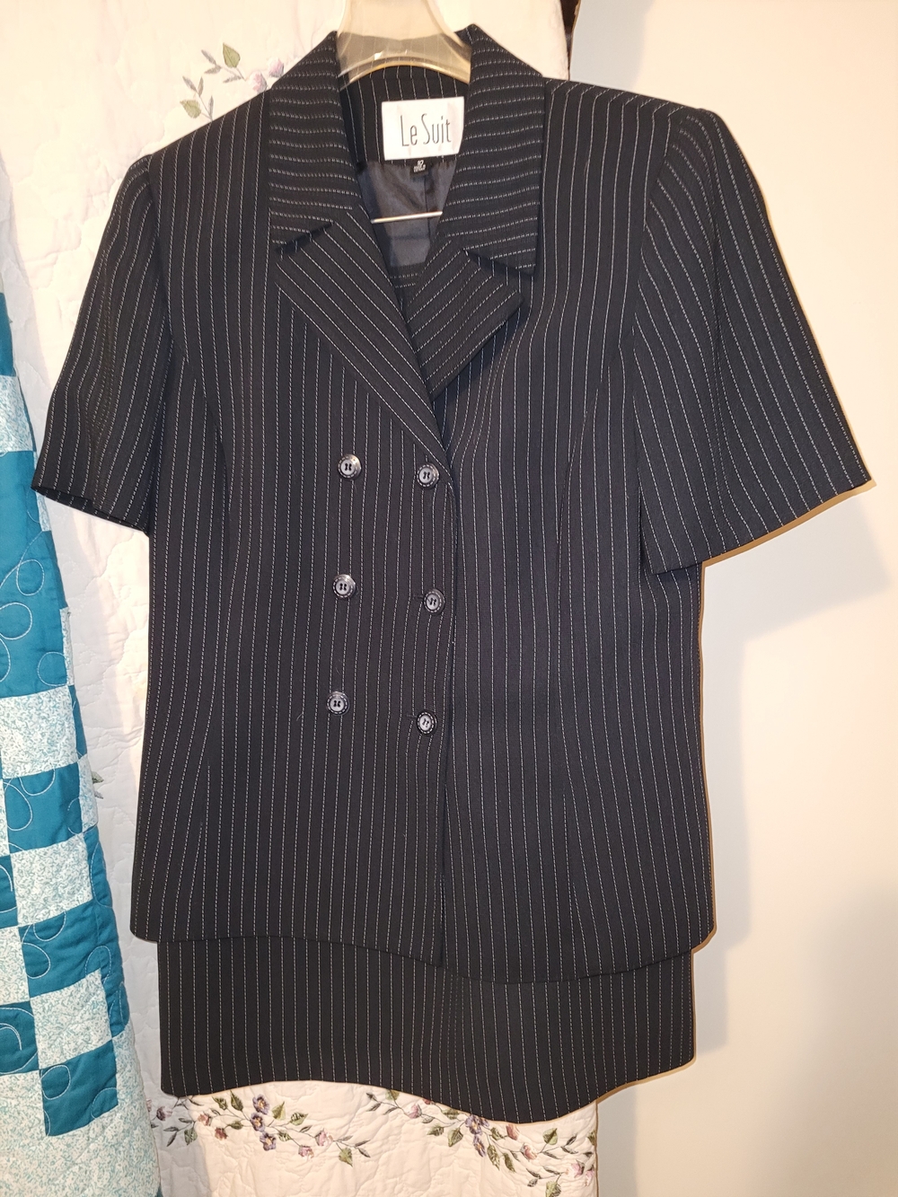 Le Suit Women's Black Pinstripe Short-Sleeve Dress